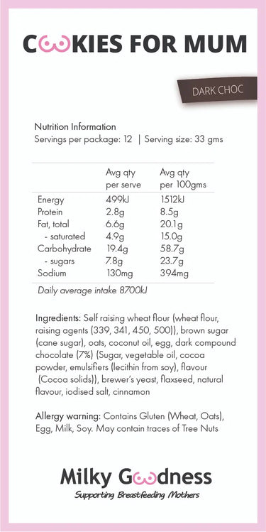 Dark Chocolate Chip Lactation Cookies Lactation Cookies from Milky Goodness maternity store australia